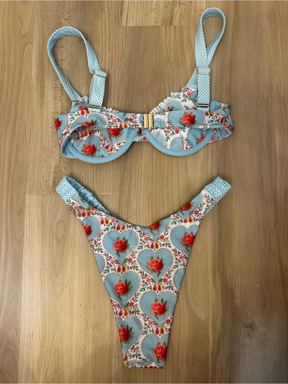 Strawberry Milk Mob Light Blue Floral Underwire Bikini Set with Red Roses
